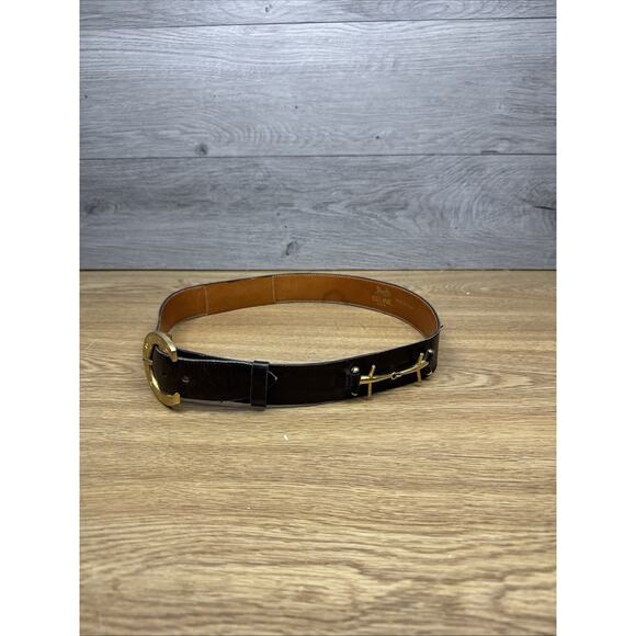 Vintage Celine Brown Leather Gold Buckle Waist Belt 30” - Picture 1 of 16
